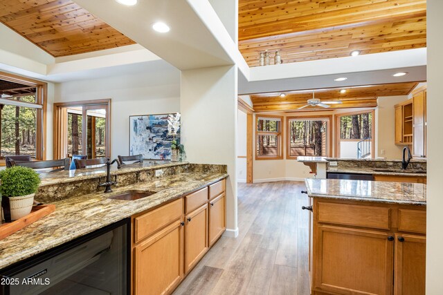 kitchen with wooden ceiling, a peninsula, a sink, vaulted ceiling, and dishwasher