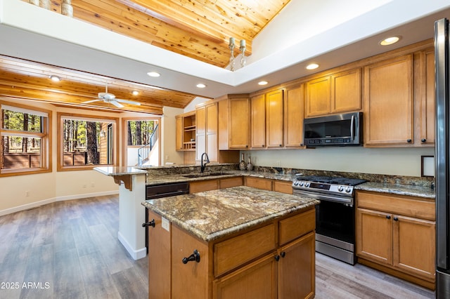 kitchen with a center island, a peninsula, vaulted ceiling, stainless steel appliances, and a sink