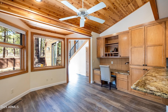 unfurnished office with dark wood-style flooring, built in study area, vaulted ceiling, and wooden ceiling