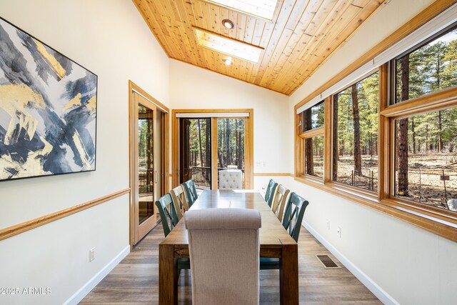 dining area featuring lofted ceiling with skylight, wood ceiling, visible vents, and wood finished floors