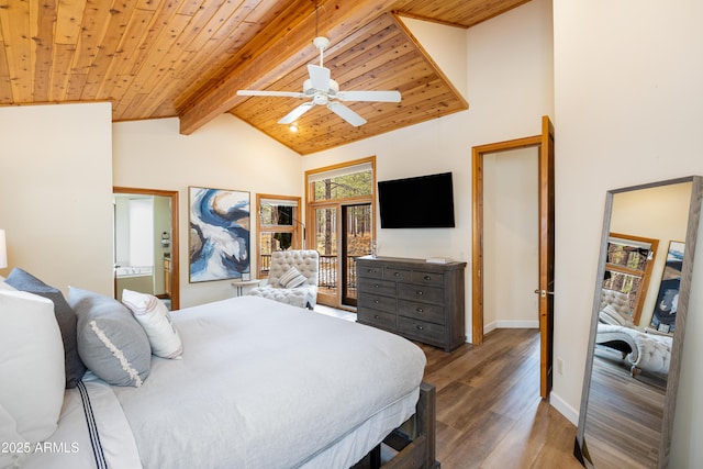 bedroom featuring high vaulted ceiling, wooden ceiling, wood finished floors, and beam ceiling