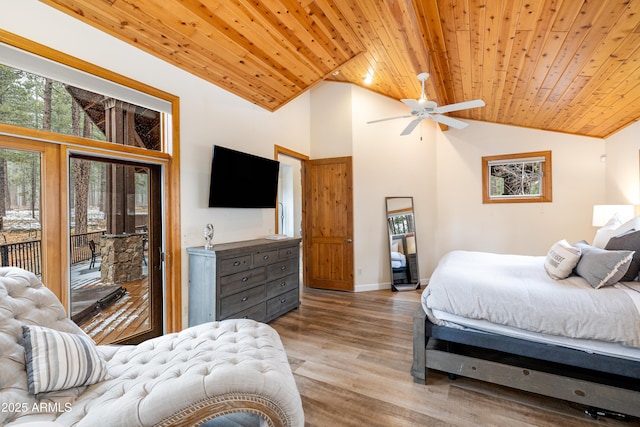 bedroom featuring access to exterior, wood ceiling, baseboards, and light wood finished floors