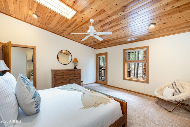 bedroom featuring carpet floors, vaulted ceiling with skylight, and wooden ceiling