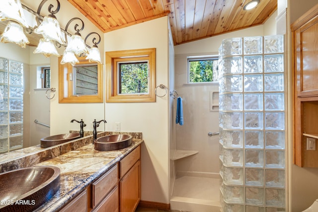 full bathroom with lofted ceiling, wood ceiling, and walk in shower