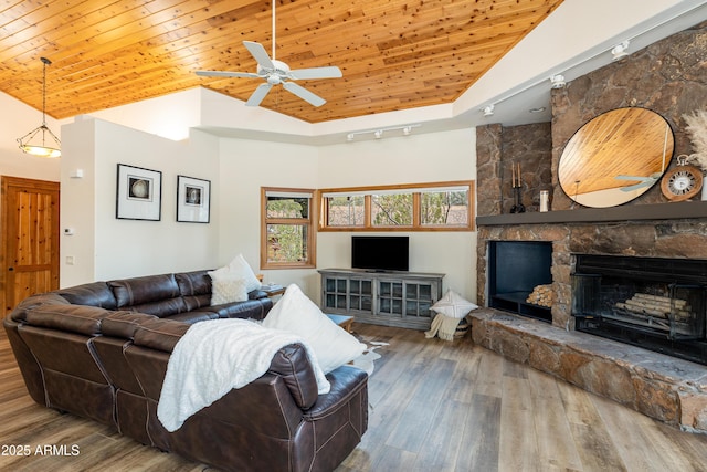 living area featuring a fireplace, wood finished floors, wood ceiling, and rail lighting