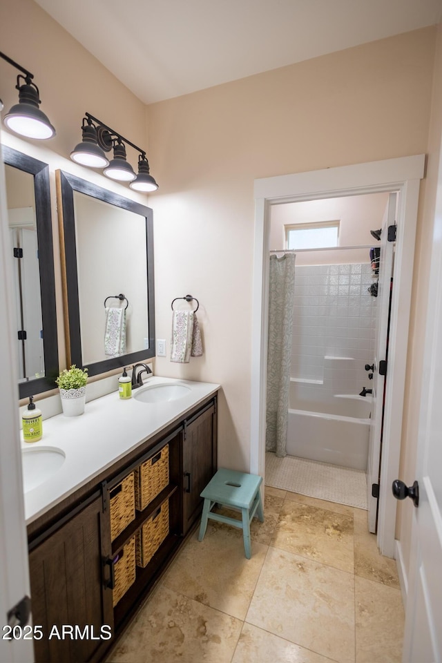 bathroom featuring vanity, tile patterned floors, and shower / bathtub combination with curtain