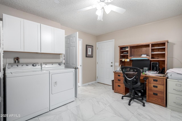 laundry room with washer and dryer, cabinets, a textured ceiling, and ceiling fan