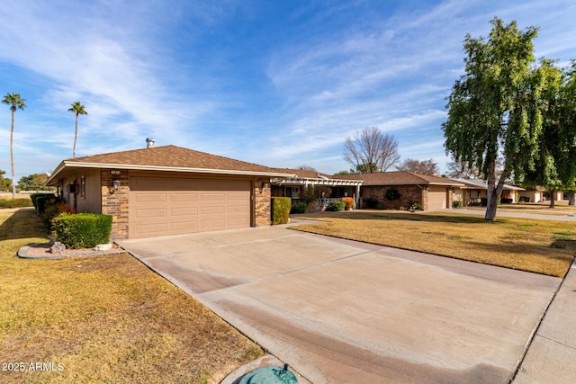 ranch-style home with a garage and a front yard