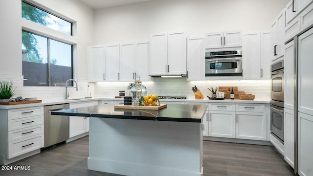 kitchen featuring white cabinets, appliances with stainless steel finishes, a center island, and sink