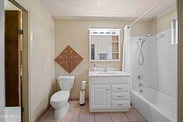 full bathroom with shower / bath combination with curtain, tile patterned floors, vanity, and toilet