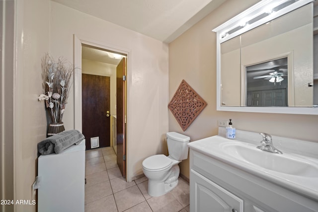 bathroom featuring tile patterned floors, ceiling fan, vanity, and toilet