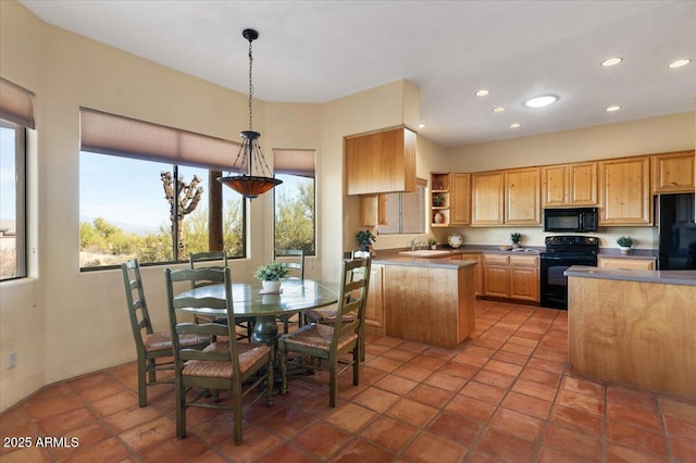 28607 N 152nd St, Scottsdale, AZ 85262 - kitchen featuring recessed lighting, a sink, open shelves, decorative light fixtures, and black appliances