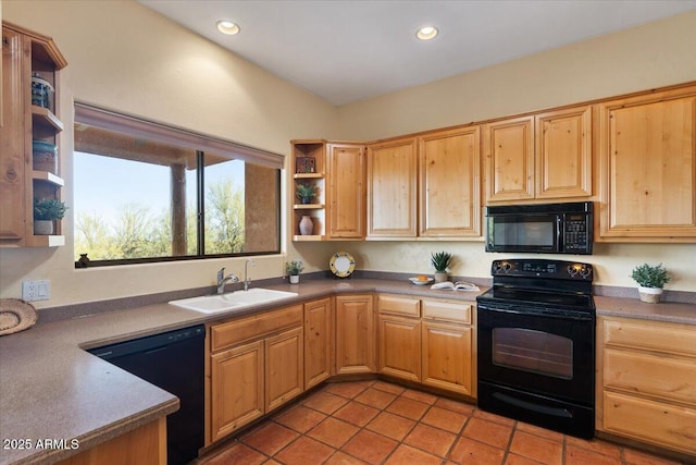 28607 N 152nd St, Scottsdale, AZ 85262 - kitchen featuring a sink, black appliances, open shelves, and recessed lighting