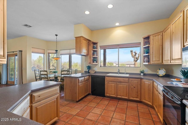 28607 N 152nd St, Scottsdale, AZ 85262 - kitchen with visible vents, dark countertops, a sink, open shelves, and black appliances
