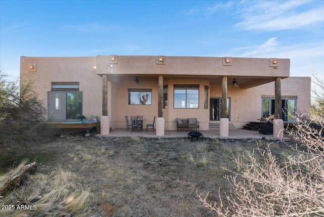 28607 N 152nd St, Scottsdale, AZ 85262 - rear view of house with a ceiling fan, stucco siding, and a patio area