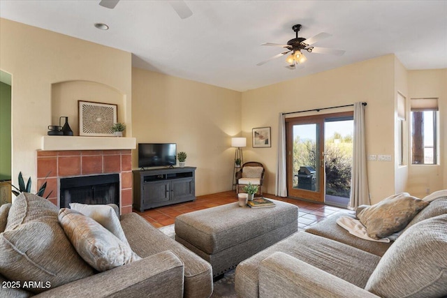 28607 N 152nd St, Scottsdale, AZ 85262 - tiled living area featuring ceiling fan and a tile fireplace