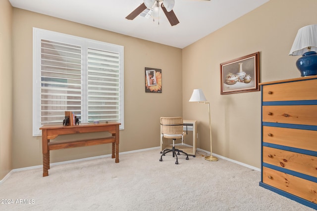 sitting room with light colored carpet and ceiling fan