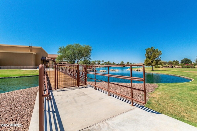 view of patio featuring a water view