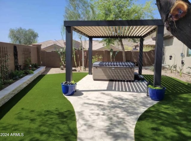 view of property's community featuring a pergola, a patio area, a jacuzzi, and a lawn