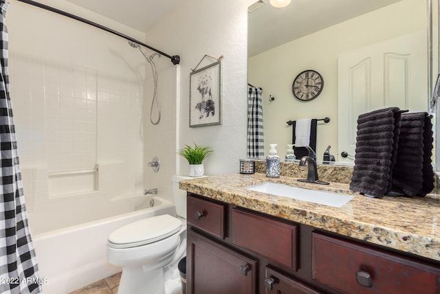 full bathroom featuring vanity, toilet, shower / bathtub combination with curtain, and tile patterned floors