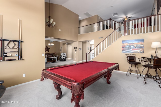 recreation room featuring billiards, carpet flooring, and high vaulted ceiling