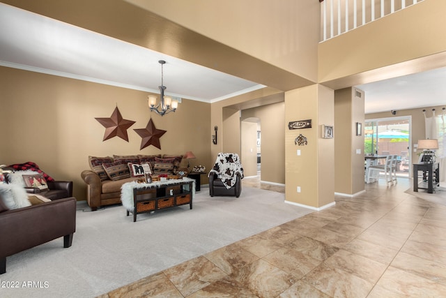 living room featuring ornamental molding, light colored carpet, and a notable chandelier