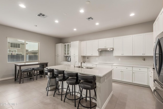 kitchen with sink, a kitchen island with sink, and white cabinets