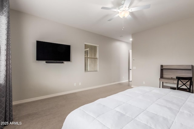 bedroom with light carpet and ceiling fan