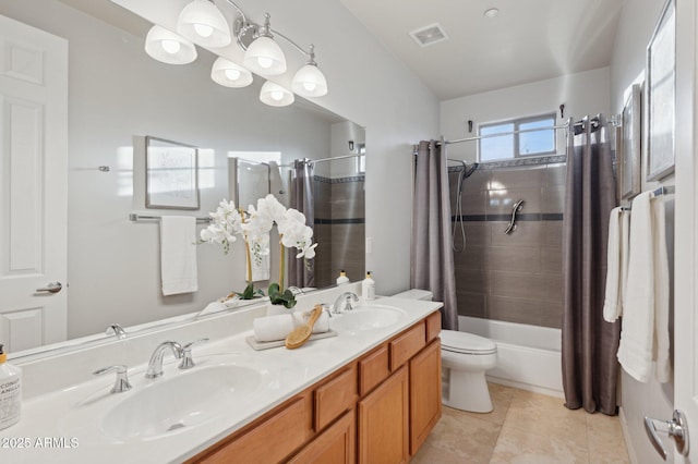 11299 E Greythorn Dr, Scottsdale, AZ 85262 - bathroom featuring double vanity, shower / tub combo with curtain, and tile patterned floors