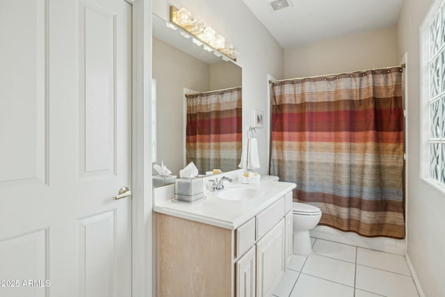 full bathroom featuring tile patterned floors, visible vents, toilet, and vanity