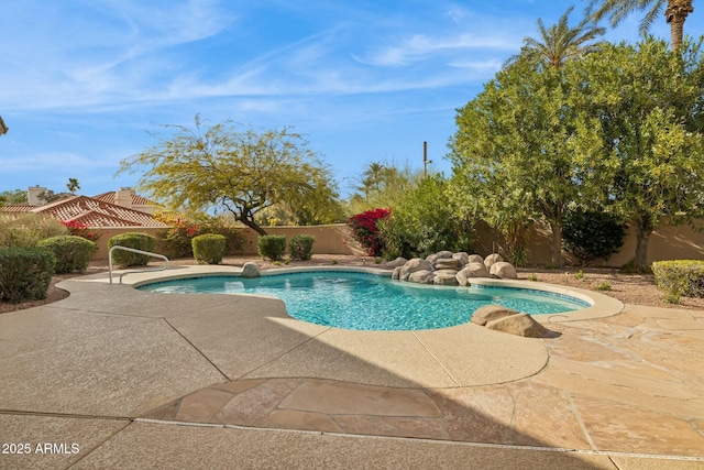 view of swimming pool featuring a fenced in pool, a fenced backyard, and a patio area