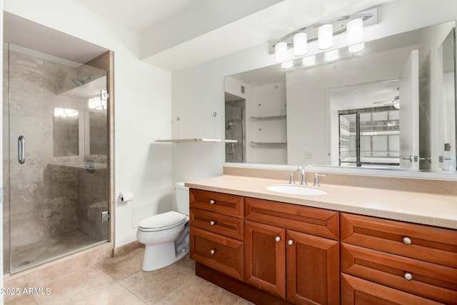 full bath with toilet, a shower stall, vanity, and tile patterned floors