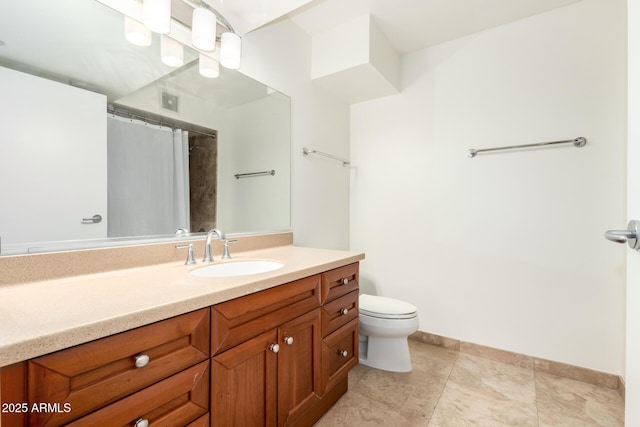 full bath featuring toilet, vanity, baseboards, tile patterned floors, and a shower with shower curtain