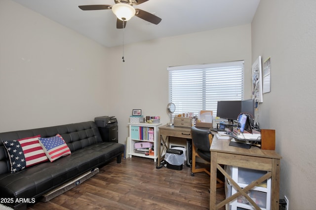 office featuring ceiling fan and wood finished floors