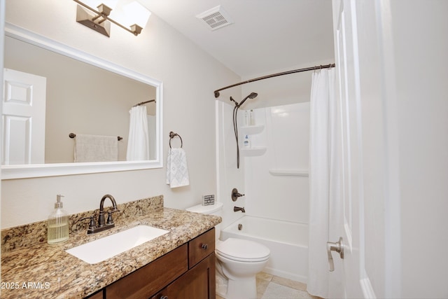 full bath featuring visible vents, tile patterned flooring, shower / bath combo, vanity, and toilet