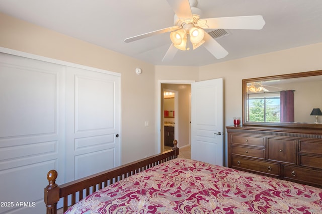 bedroom featuring a closet and ceiling fan