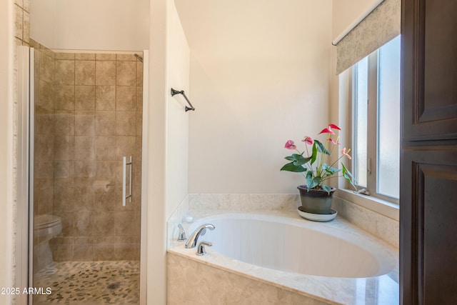 full bathroom with toilet, a shower stall, and a garden tub