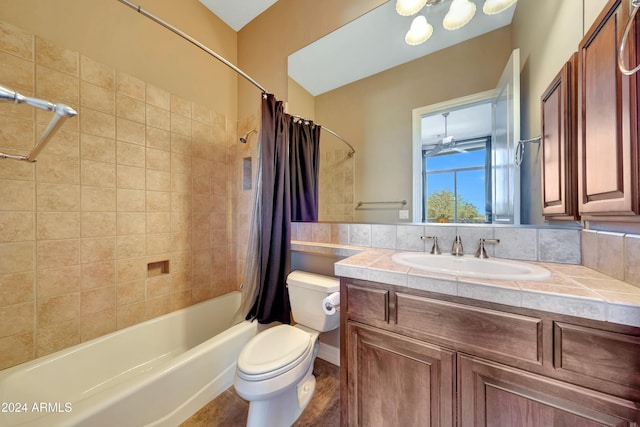 full bathroom featuring decorative backsplash, vanity, shower / bath combination with curtain, and toilet