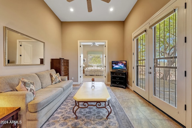 living room featuring ceiling fan