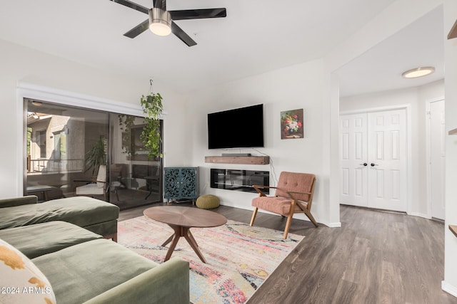 living room featuring hardwood / wood-style floors, ceiling fan, and a fireplace