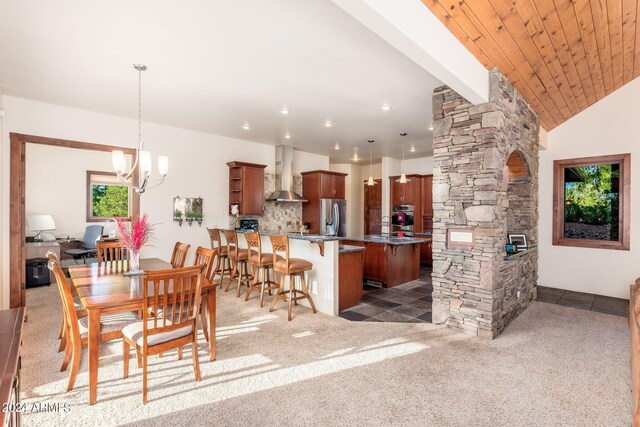 carpeted dining area with wooden ceiling, lofted ceiling, and a chandelier