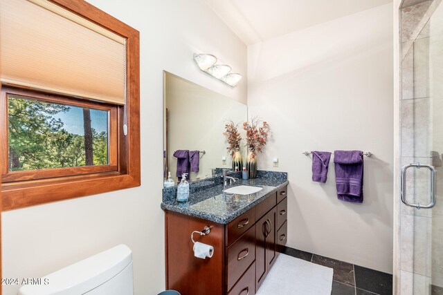 bathroom featuring tile patterned floors, toilet, a shower with door, and vanity