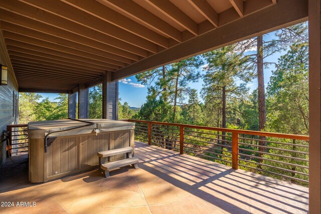 view of patio featuring a hot tub