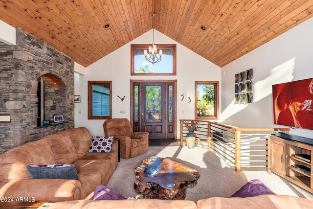 living room featuring carpet flooring, high vaulted ceiling, wood ceiling, and an inviting chandelier