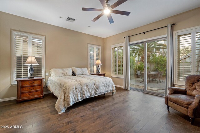 3350 S Holguin Way, Chandler, AZ 85248 - bedroom with access to exterior, dark wood finished floors, baseboards, and a ceiling fan