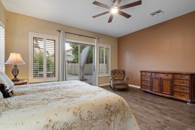 3350 S Holguin Way, Chandler, AZ 85248 - bedroom with dark wood-style flooring, lofted ceiling, access to outside, baseboards, and ceiling fan