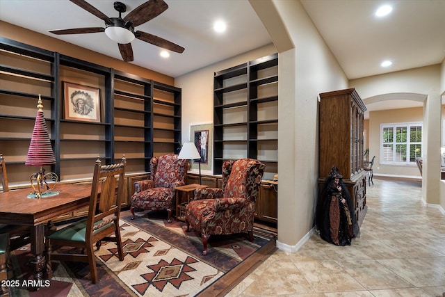 3350 S Holguin Way, Chandler, AZ 85248 - office area featuring arched walkways, ceiling fan, baseboards, recessed lighting, and built in features