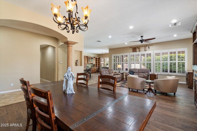 3350 S Holguin Way, Chandler, AZ 85248 - dining area with arched walkways, a ceiling fan, dark wood-type flooring, decorative columns, and recessed lighting
