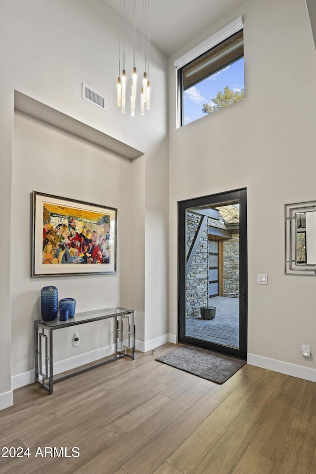 entryway featuring hardwood / wood-style floors and a high ceiling