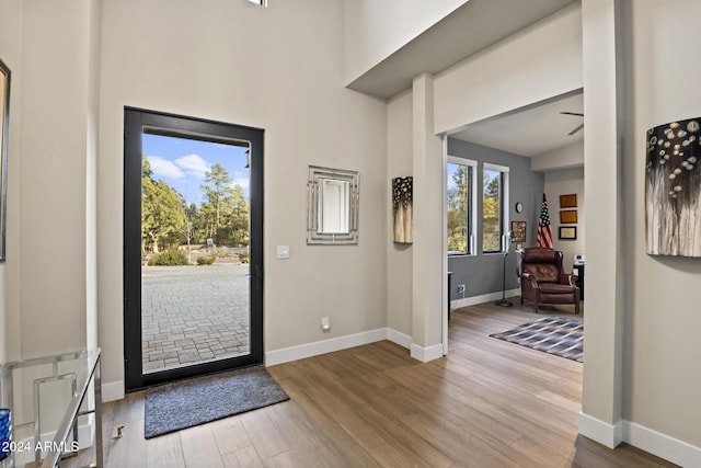 foyer entrance featuring ceiling fan, lofted ceiling, and light hardwood / wood-style flooring